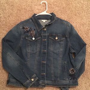denim jacket with embroidered purple flowers